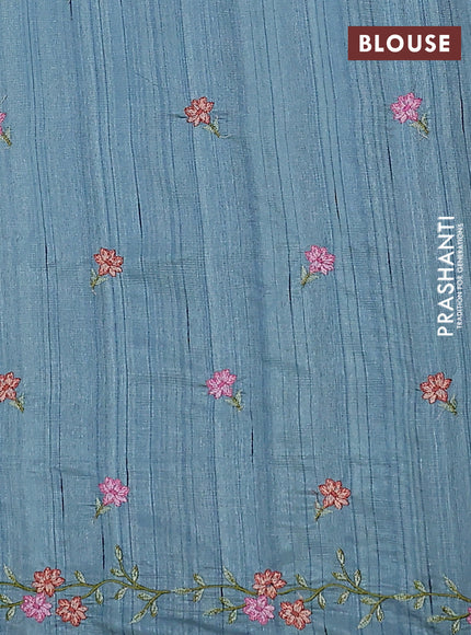 Semi raw silk saree pastel blue shade with embroidery buttas and floral embroidery cut work border