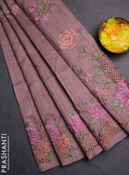 Semi raw silk saree pastel purple shade with embroidery buttas and floral embroidery cut work border