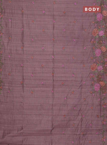 Semi raw silk saree pastel purple shade with embroidery buttas and floral embroidery cut work border