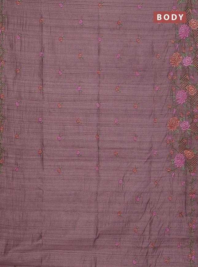 Semi raw silk saree pastel purple shade with embroidery buttas and floral embroidery cut work border