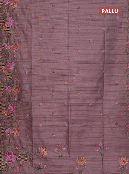 Semi raw silk saree pastel purple shade with embroidery buttas and floral embroidery cut work border