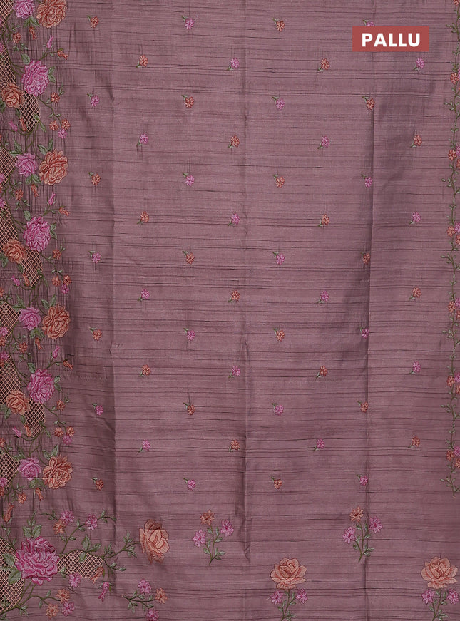 Semi raw silk saree pastel purple shade with embroidery buttas and floral embroidery cut work border