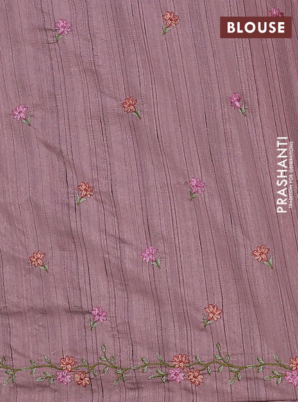 Semi raw silk saree pastel purple shade with embroidery buttas and floral embroidery cut work border