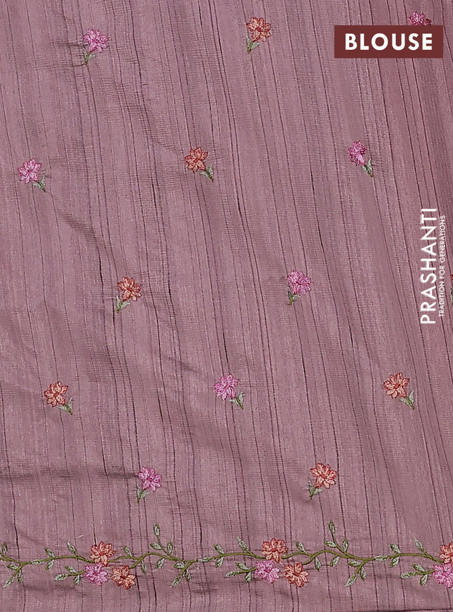 Semi raw silk saree pastel purple shade with embroidery buttas and floral embroidery cut work border