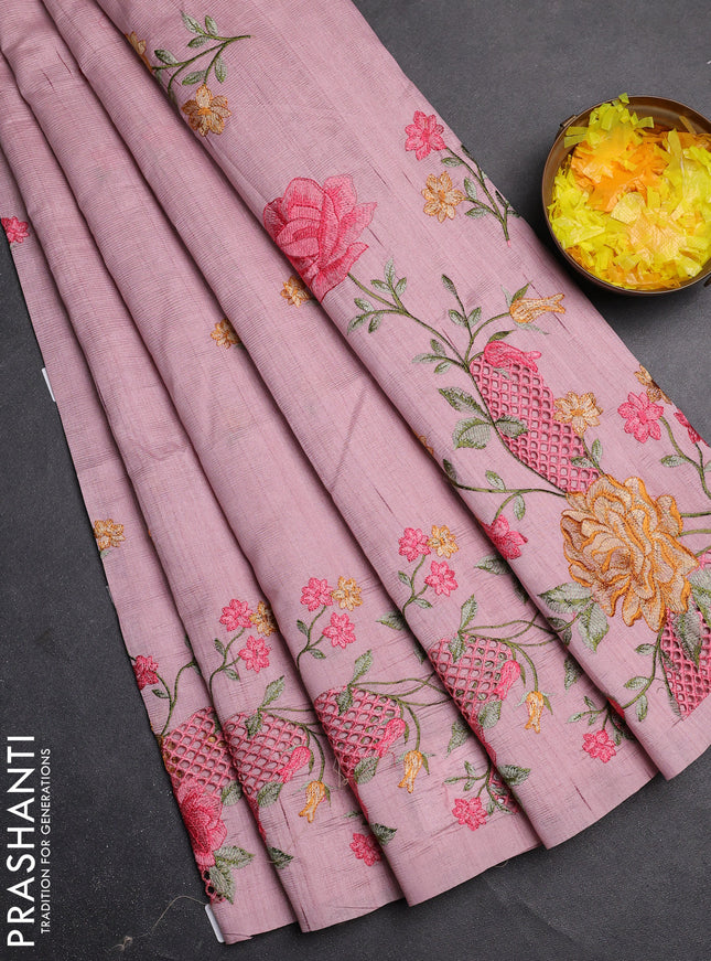Semi raw silk saree pastel pink with embroidery buttas and floral embroidery cut work border