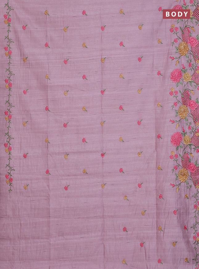 Semi raw silk saree pastel pink with embroidery buttas and floral embroidery cut work border