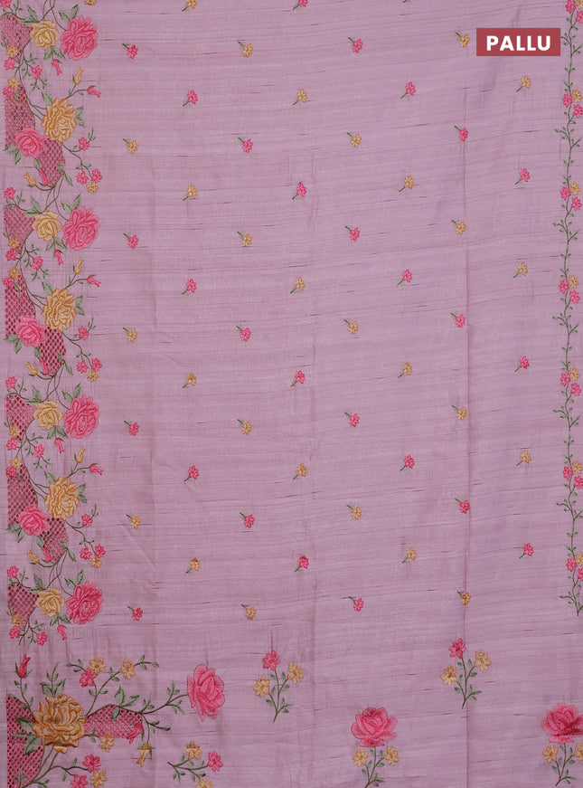 Semi raw silk saree pastel pink with embroidery buttas and floral embroidery cut work border