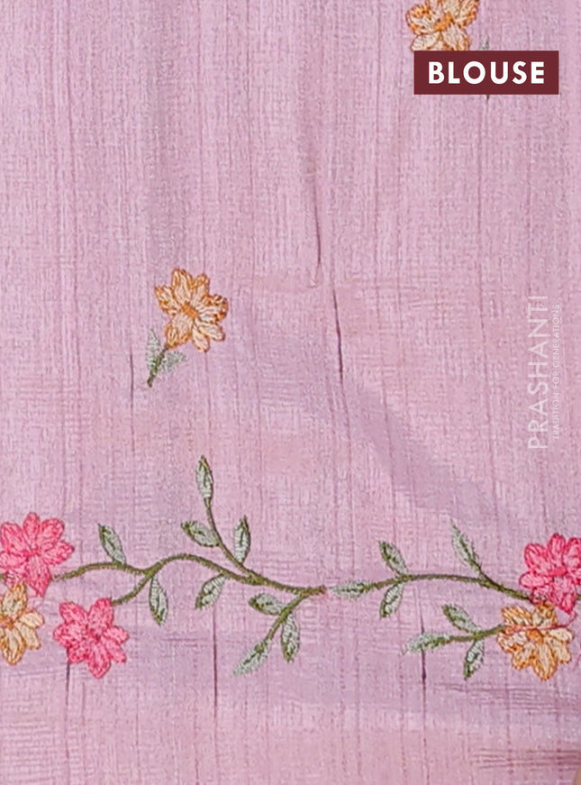 Semi raw silk saree pastel pink with embroidery buttas and floral embroidery cut work border