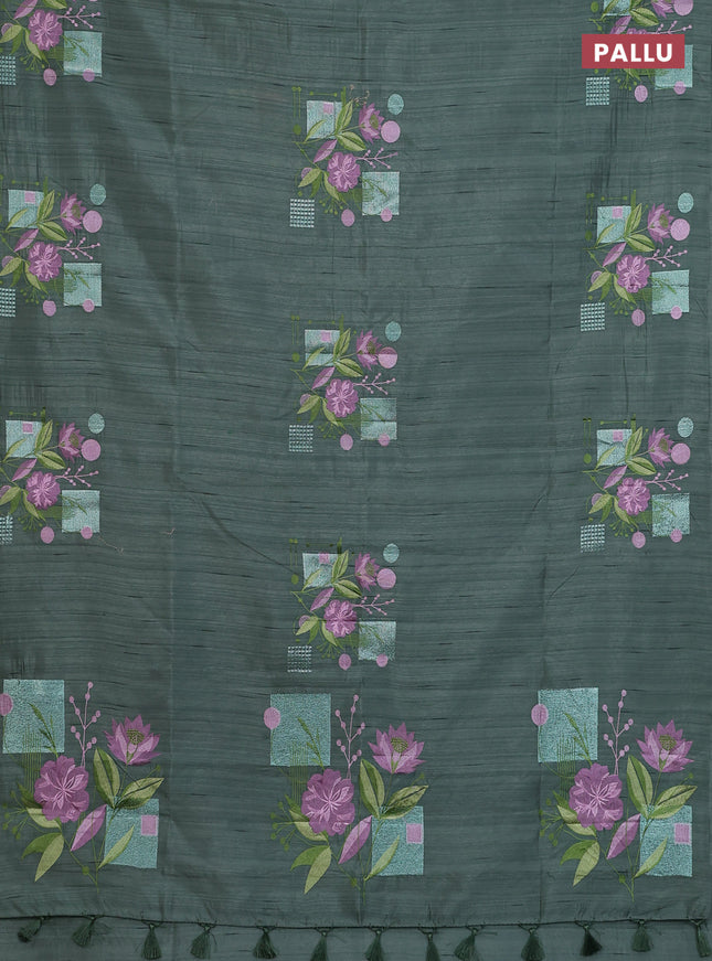 Semi raw silk saree green shade with embroidery buttas in borderless style