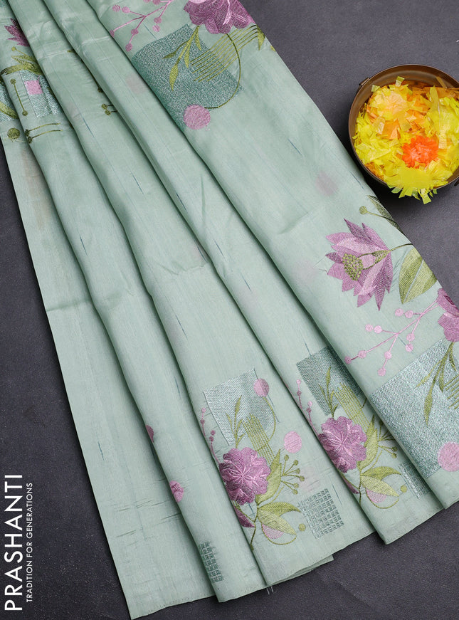 Semi raw silk saree pastel green with embroidery buttas in borderless style
