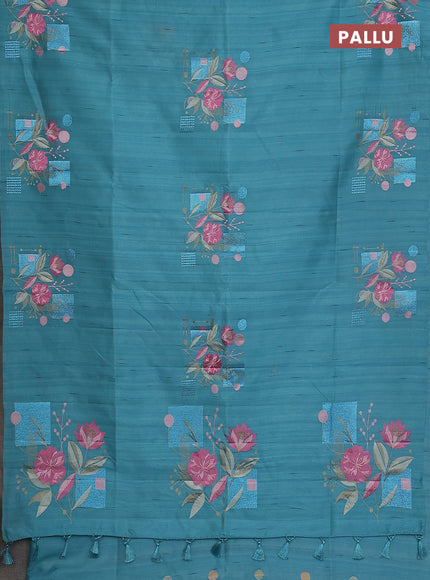 Semi raw silk saree teal blue with embroidery buttas in borderless style