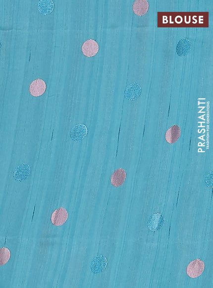 Semi raw silk saree teal blue with embroidery buttas in borderless style