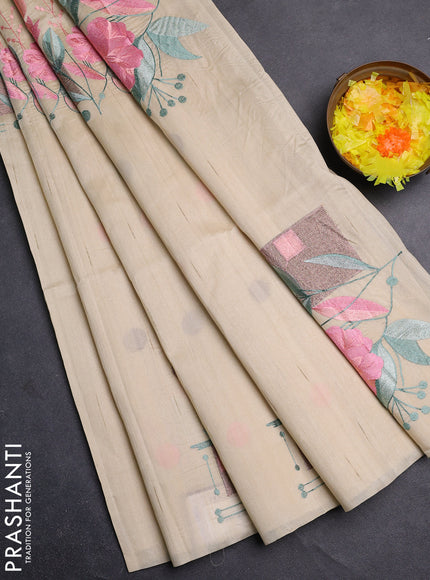 Semi raw silk saree beige with embroidery buttas in borderless style