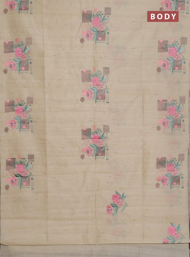 Semi raw silk saree beige with embroidery buttas in borderless style