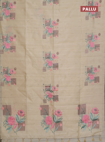 Semi raw silk saree beige with embroidery buttas in borderless style