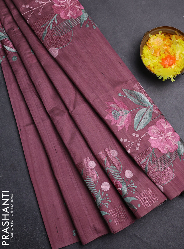 Semi raw silk saree rosy brown with embroidery buttas in borderless style