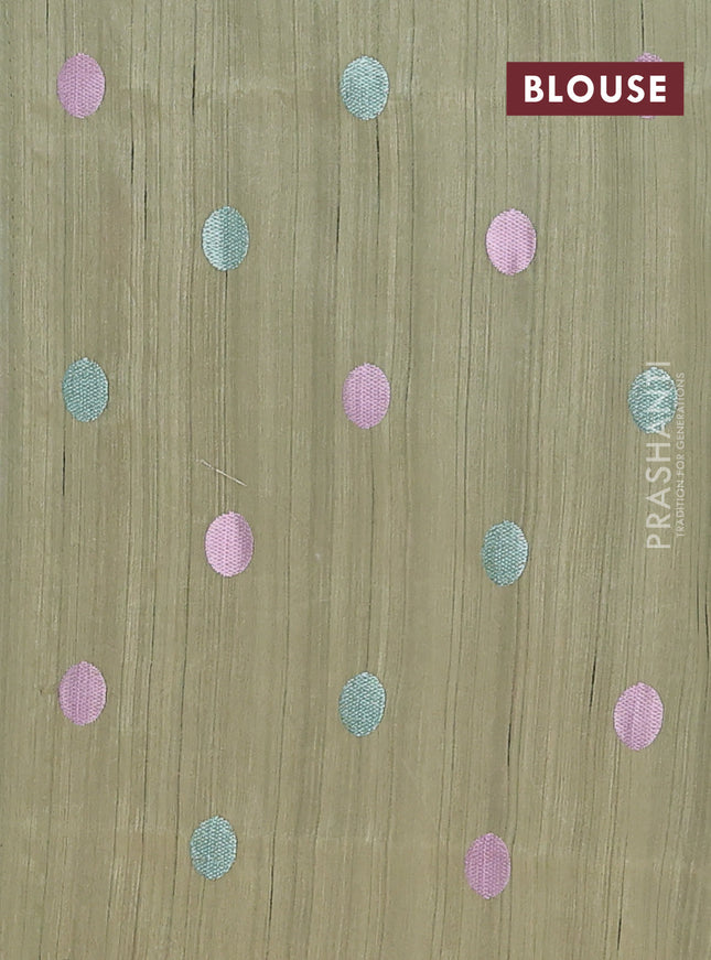 Semi raw silk saree olive green with embroidery buttas in borderless style