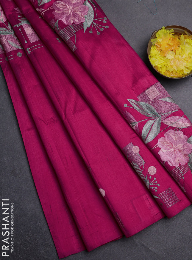 Semi raw silk saree dark pink with embroidery buttas in borderless style