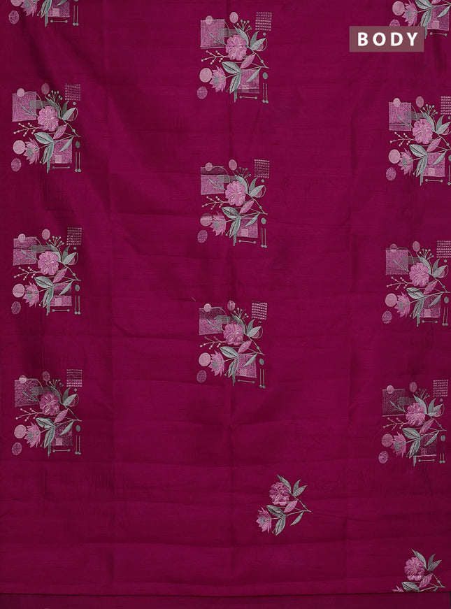 Semi raw silk saree dark pink with embroidery buttas in borderless style