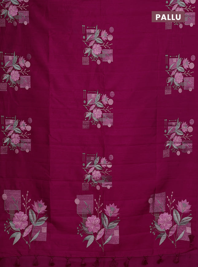 Semi raw silk saree dark pink with embroidery buttas in borderless style