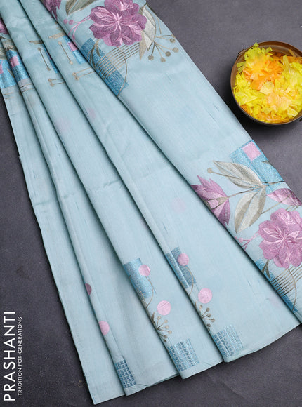 Semi raw silk saree pastel blue with embroidery buttas in borderless style