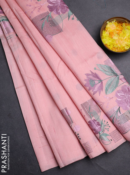 Semi raw silk saree mild peach with embroidery buttas in borderless style