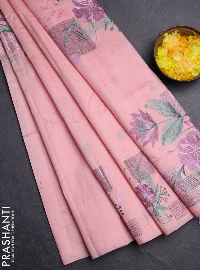 Semi raw silk saree mild peach with embroidery buttas in borderless style