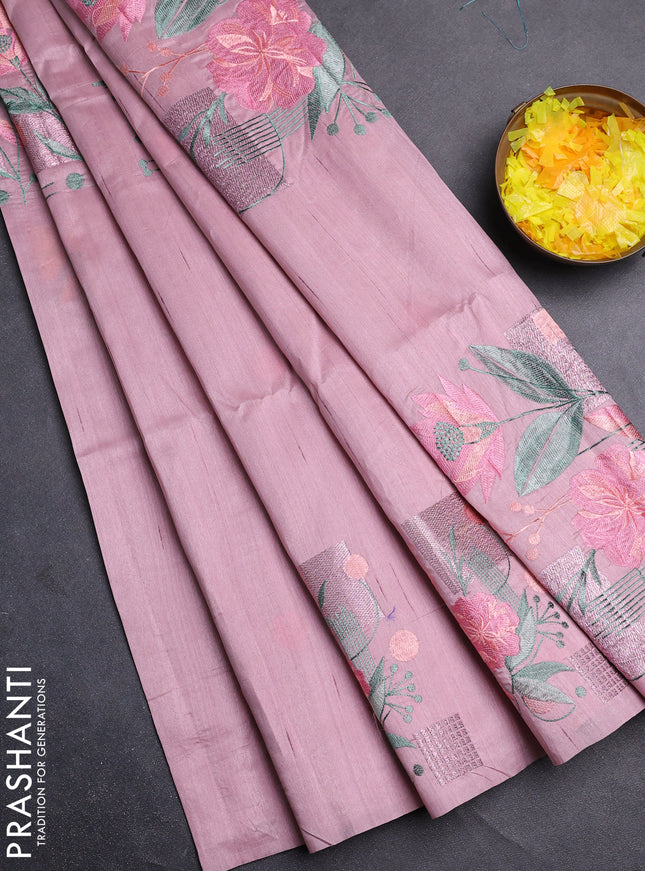Semi raw silk saree pastel pink with embroidery buttas in borderless style