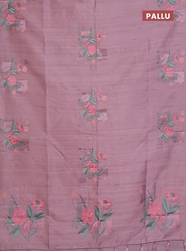 Semi raw silk saree pastel pink with embroidery buttas in borderless style