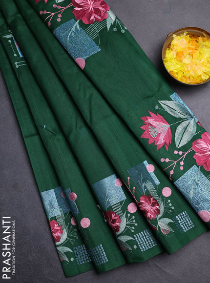 Semi raw silk saree green with embroidery buttas in borderless style