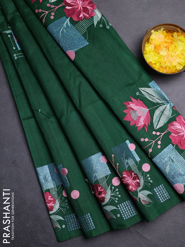 Semi raw silk saree green with embroidery buttas in borderless style