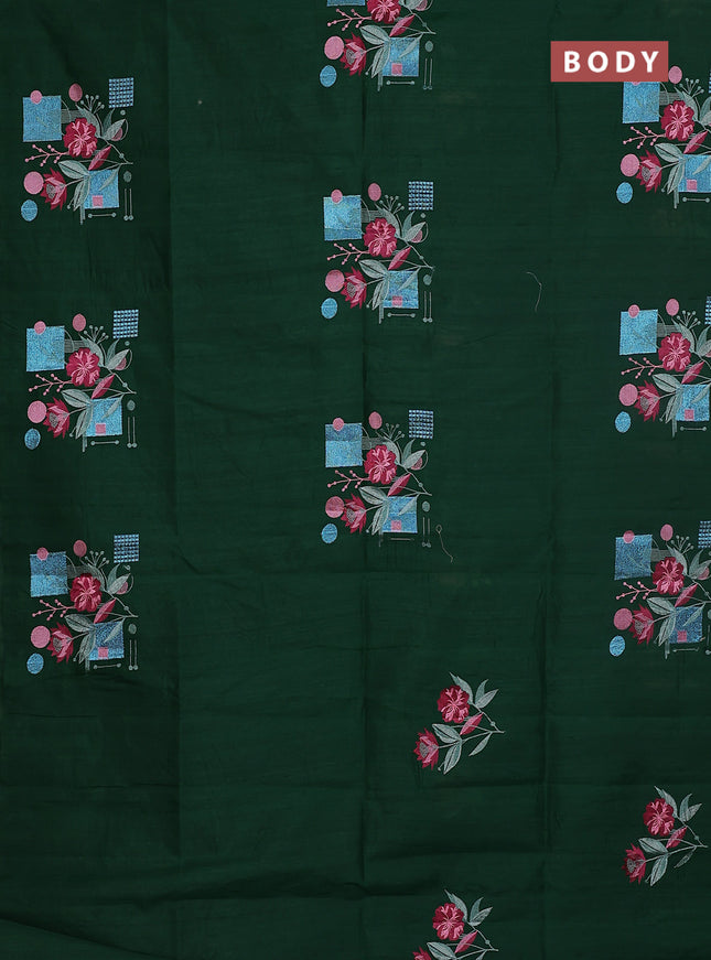 Semi raw silk saree green with embroidery buttas in borderless style