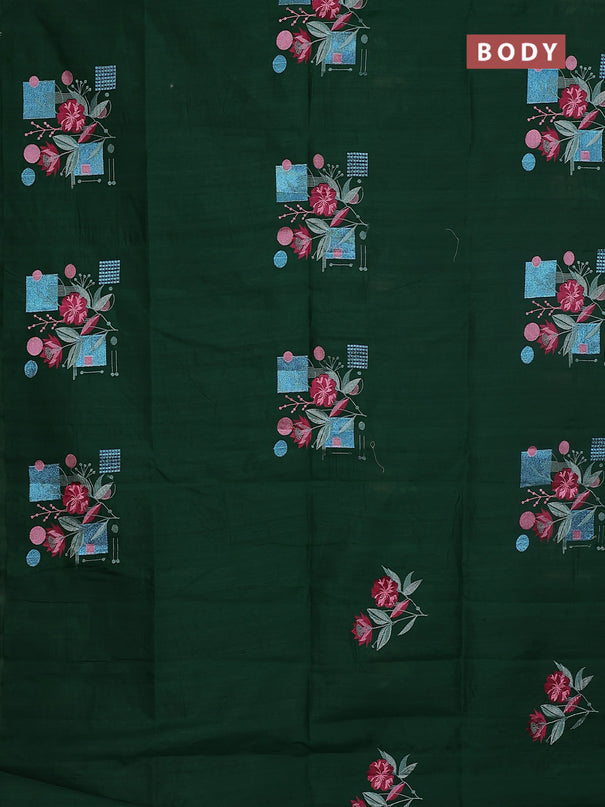 Semi raw silk saree green with embroidery buttas in borderless style