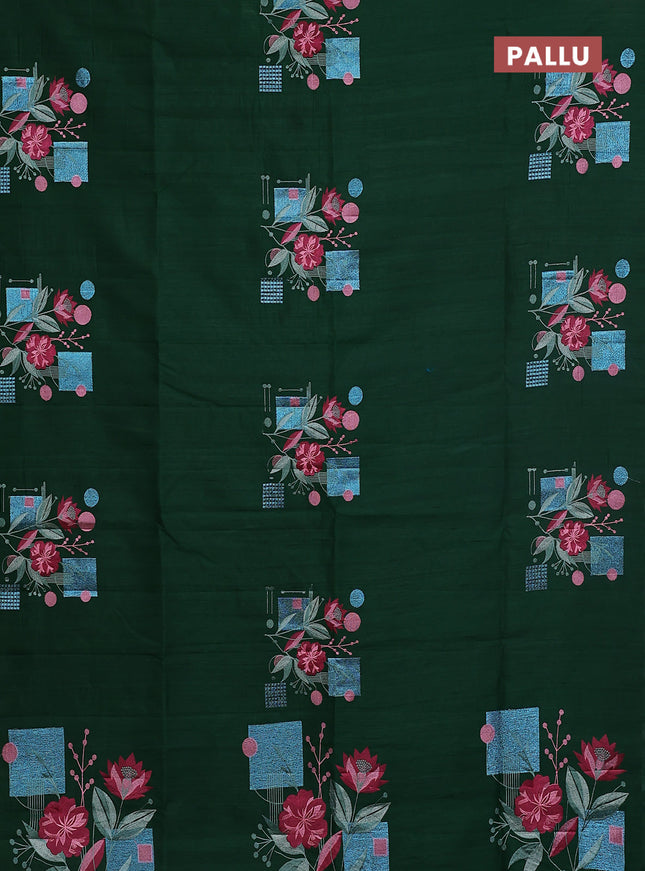 Semi raw silk saree green with embroidery buttas in borderless style