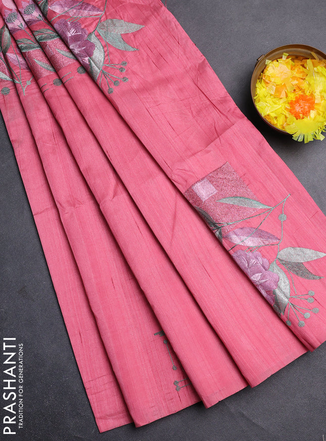 Semi raw silk saree peach pink with embroidery buttas in borderless style