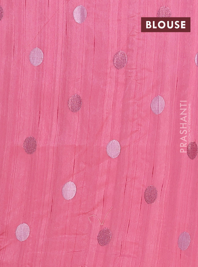 Semi raw silk saree peach pink with embroidery buttas in borderless style