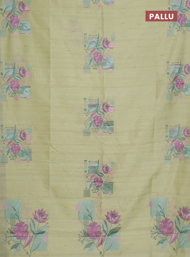 Semi raw silk saree pista green with embroidery buttas in borderless style