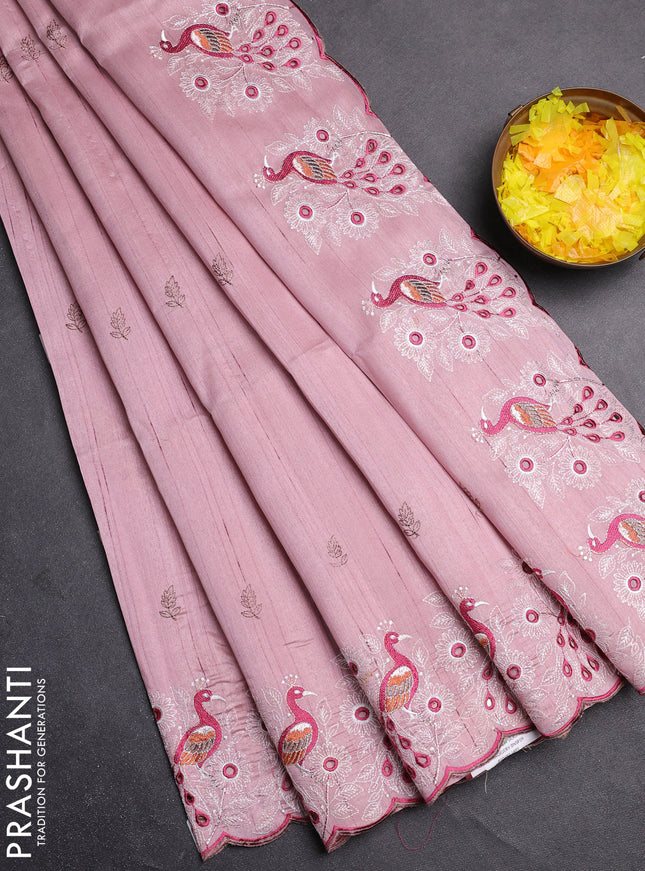 Semi raw silk saree pastel pink with embroidery buttas and peacock embroidery cut work border