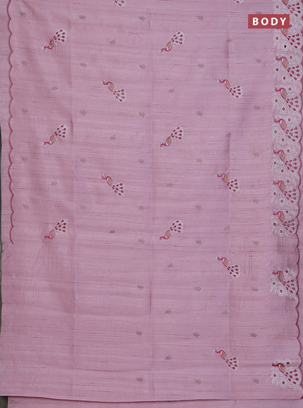Semi raw silk saree pastel pink with embroidery buttas and peacock embroidery cut work border