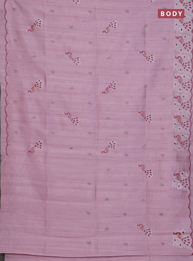 Semi raw silk saree pastel pink with embroidery buttas and peacock embroidery cut work border