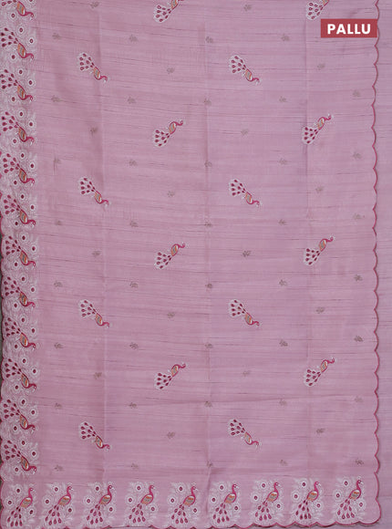 Semi raw silk saree pastel pink with embroidery buttas and peacock embroidery cut work border