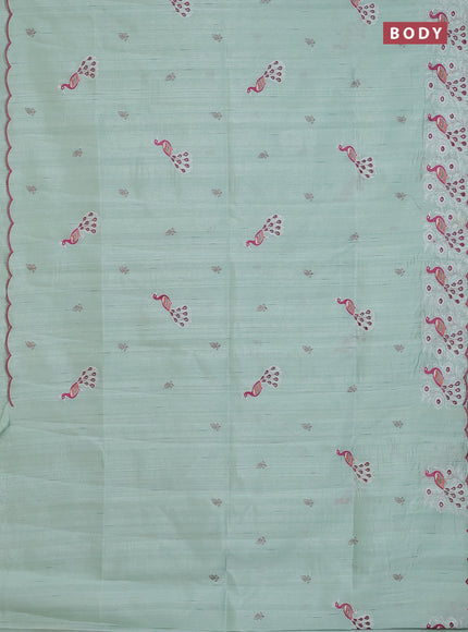 Semi raw silk saree pastel green with embroidery buttas and peacock embroidery cut work border