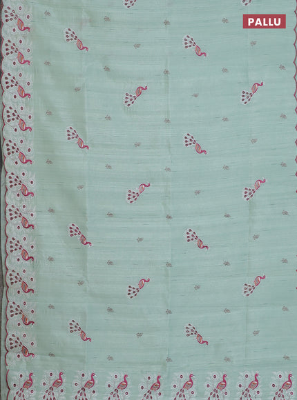 Semi raw silk saree pastel green with embroidery buttas and peacock embroidery cut work border