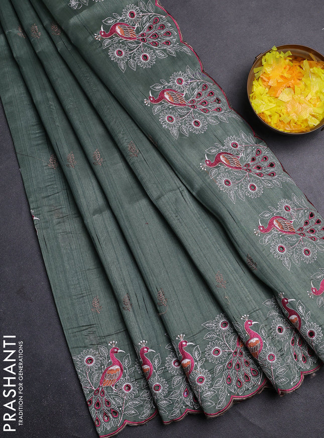 Semi raw silk saree greyish green with embroidery buttas and peacock embroidery cut work border