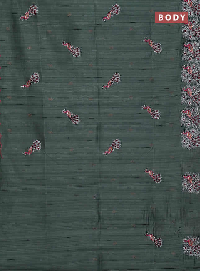 Semi raw silk saree greyish green with embroidery buttas and peacock embroidery cut work border