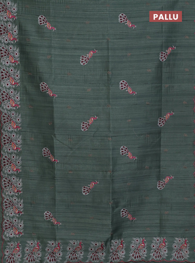Semi raw silk saree greyish green with embroidery buttas and peacock embroidery cut work border