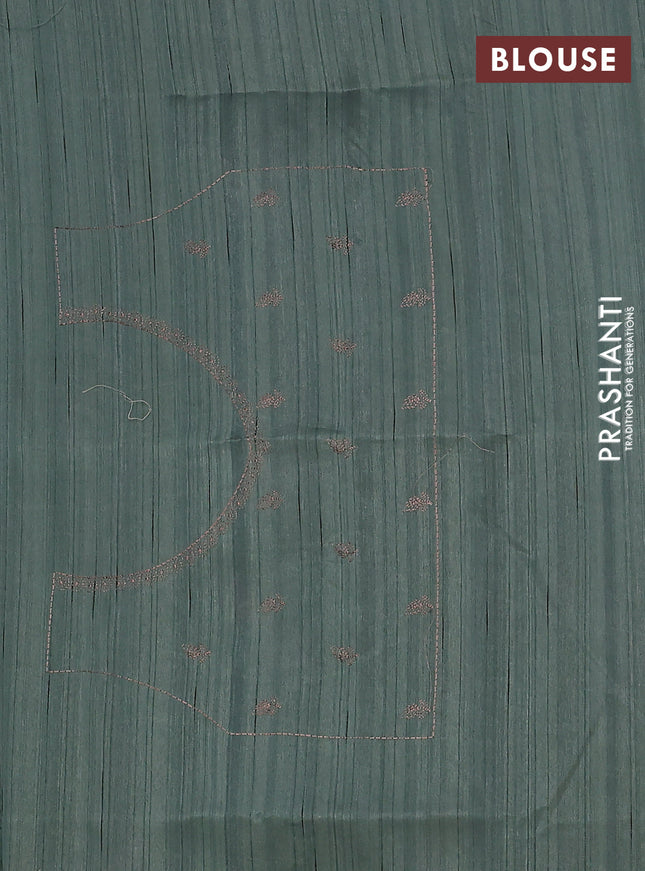 Semi raw silk saree greyish green with embroidery buttas and peacock embroidery cut work border