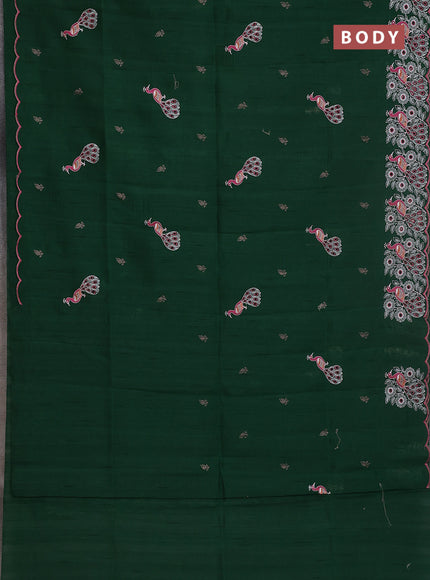 Semi raw silk saree green with embroidery buttas and peacock embroidery cut work border