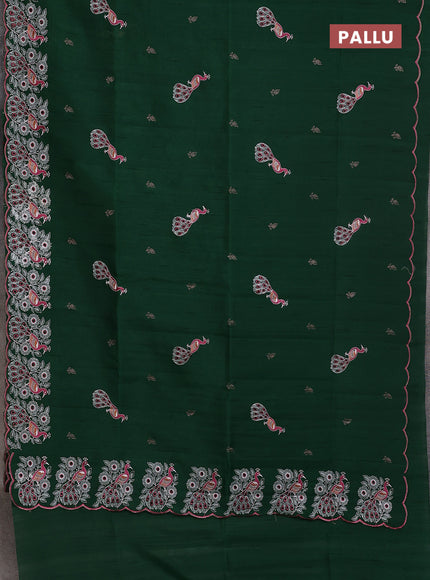 Semi raw silk saree green with embroidery buttas and peacock embroidery cut work border