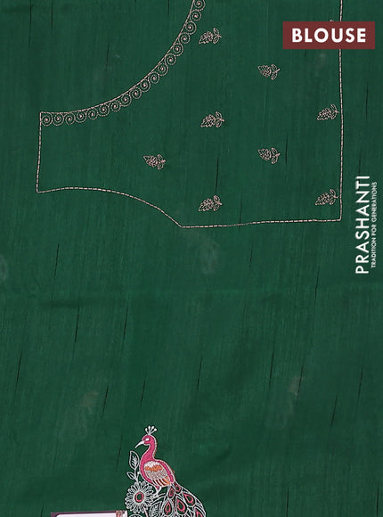 Semi raw silk saree green with embroidery buttas and peacock embroidery cut work border